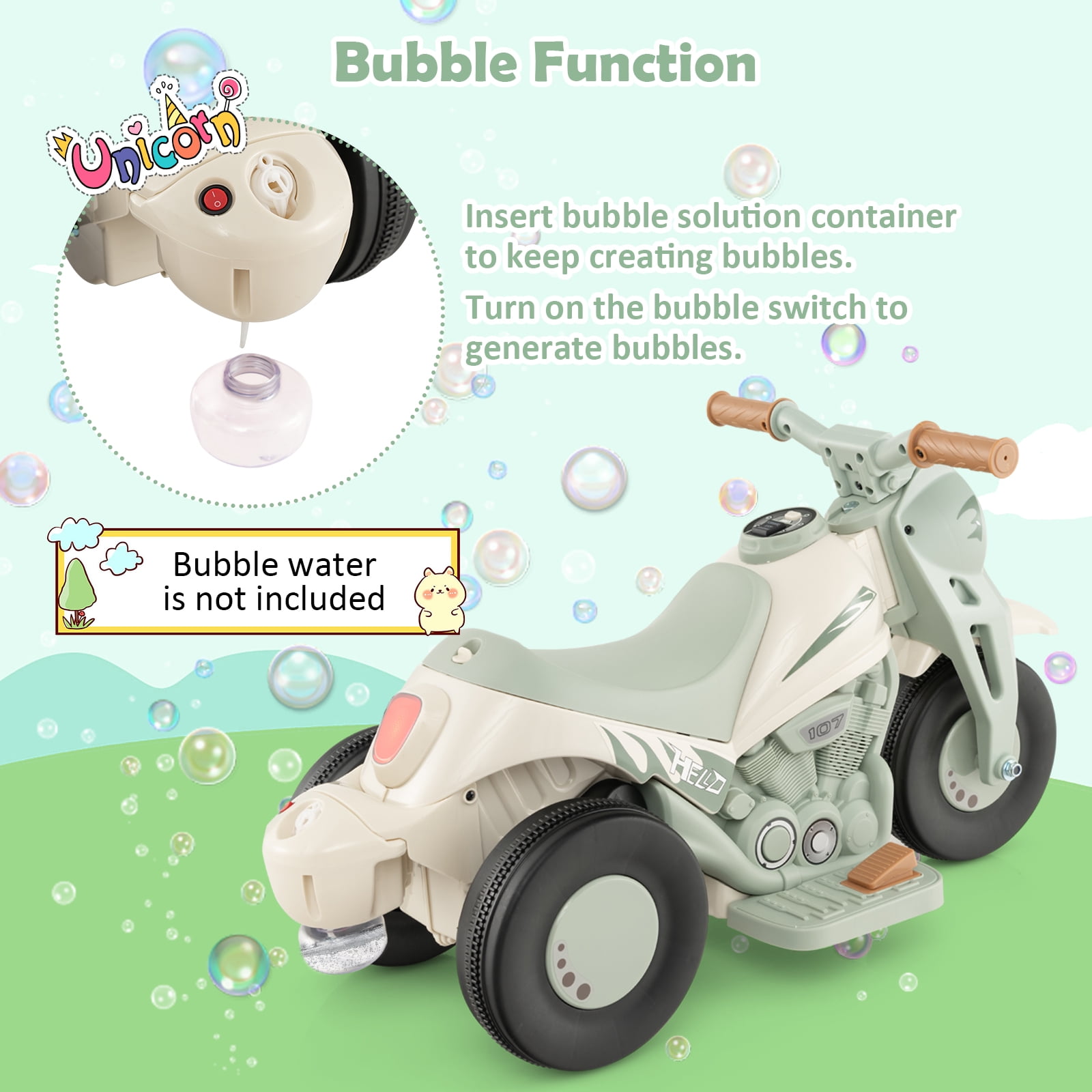 Costway 6V Kids Bubble Car Electric Ride on Motorcycle with Music Button & LED Headlight Beige