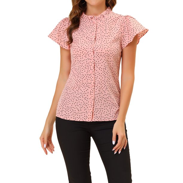 INSPIRAR CHIC Blusa de Verano para Mujeres con Estampado de Puntos, Cuello de Volantes, Botones, Color Rosa