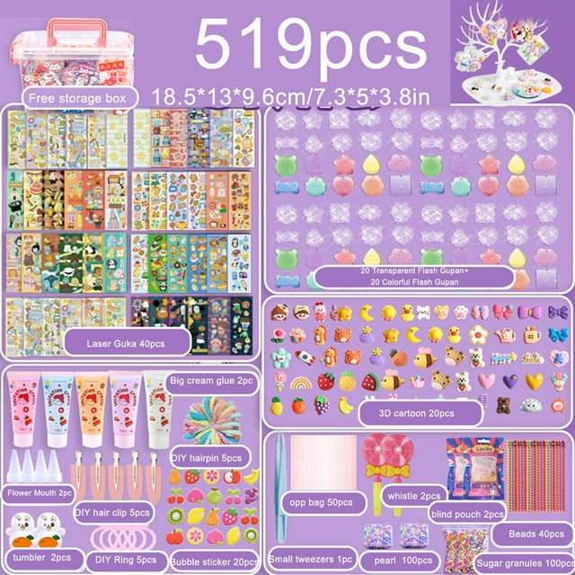 ZOUBAOQ 22/236/519pcs Guka Material Package Set featuring a variety of colorful stickers, keychains, and decorative items. The set includes laser Guka stickers, big cream glue tubes, DIY hair clips, bubble stickers, 3D cartoon decorations, and more. Packaged in a compact storage box measuring 18.5 x 13 x 9.6 cm (7.3 x 5 x 3.8 in), this set is ideal for decorating notebooks, photo albums, and other personal items. Includes a Guka Gupan Handbook Material Pack with additional creative materials for DIY projects.