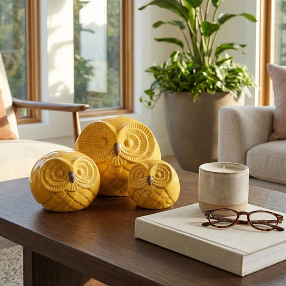 Ceramic Owl Sculptural Objects - Home Accent for Bathroom, Office, Room and Living Room - Shelf and Coffee Table Decor Display - Figurine and Ornaments Accent - Set of 3, 6", 4", 4", Yellow