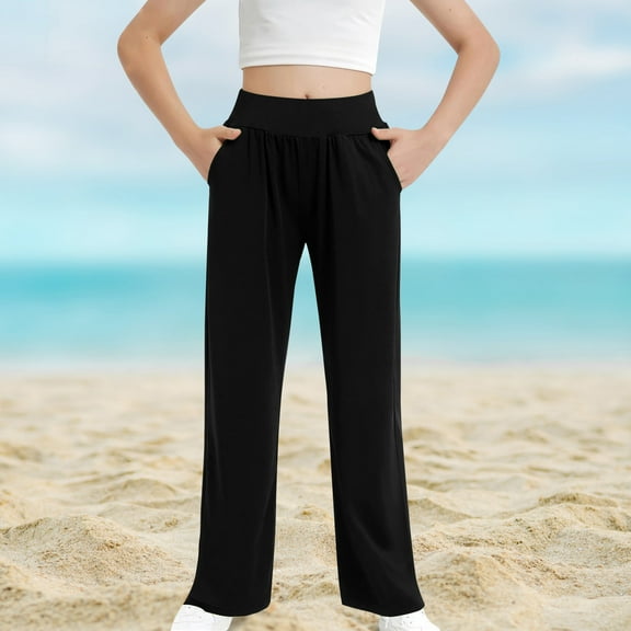 SYMOID Girls' Solid Color High - Waisted Wide - Leg Pants for 2 - 13 Years Old,Black,Size 9 T