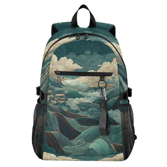 Full‑Print Casual Laptop Backpack, 20L Water‑Resistant Twill Tote Daypack with 14 Inch Computer Compartment for School Business Travel Green Mountains