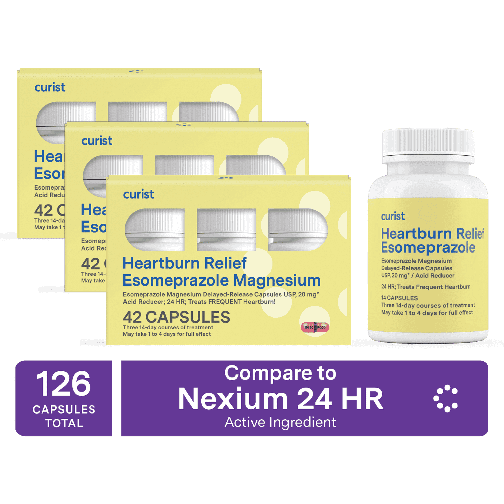 Curist Esomeprazole Magnesium 20 mg 126 Ct Capsules 3-Pack, Generic Nexium Heartburn Medicine for Adults, 24 Hour Acid Reducer, Compare to Nexium 24HR & Nexium Mini