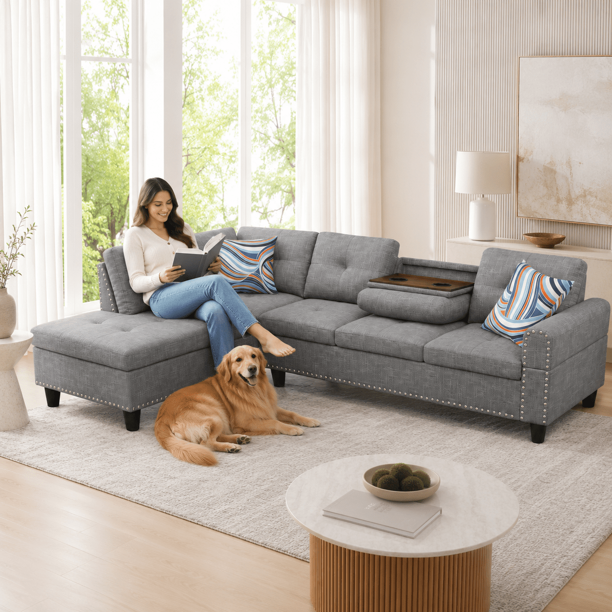 Momspeace 3 Piece Sectional Sofa with Cup Holder, 98" Linen L-Shaped Sofa for Living Room, Gray