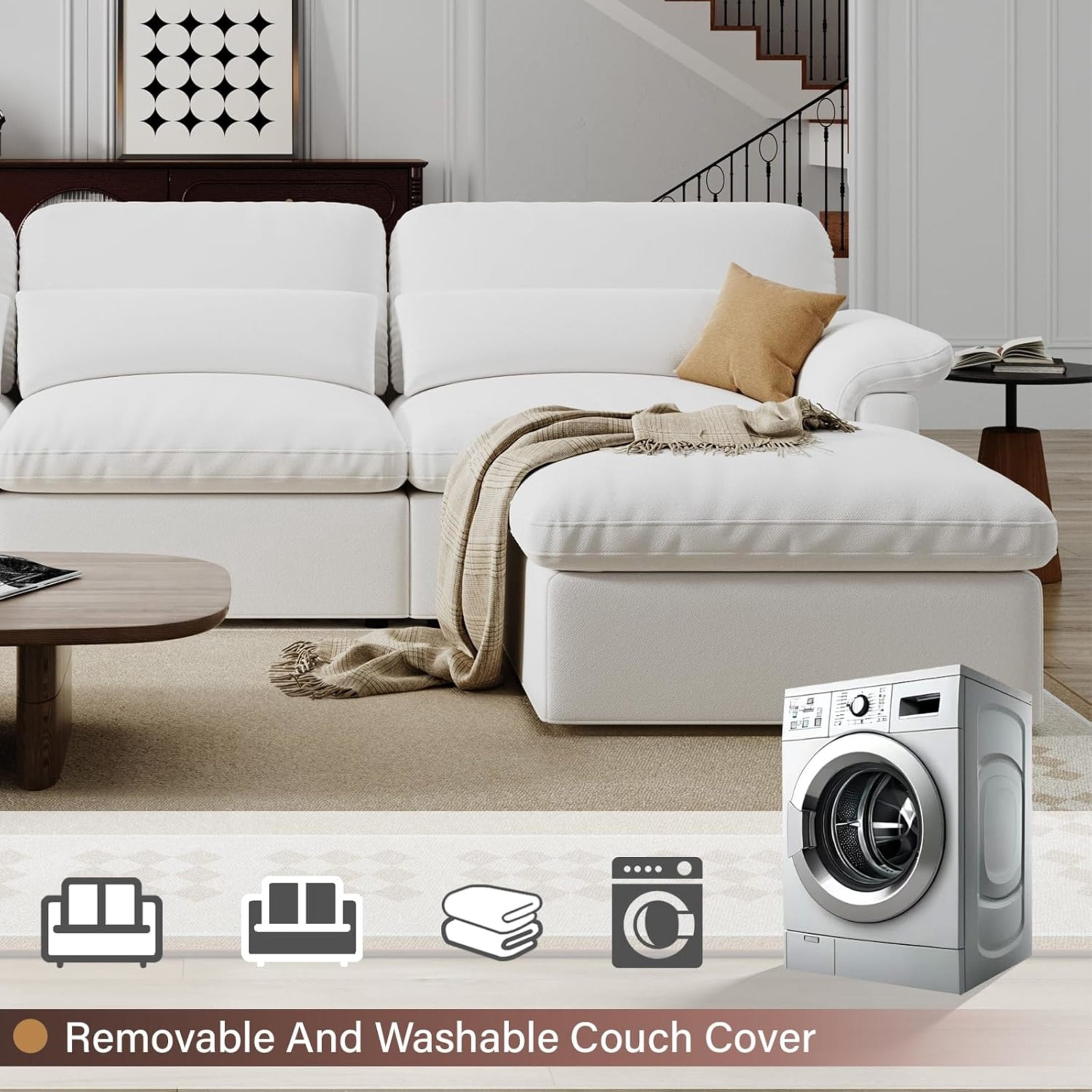 Noble House 115" Minimalist Sectional Sofa, Ottoman with Storage, Down-Filled Cushions, Chenille Fabric, White