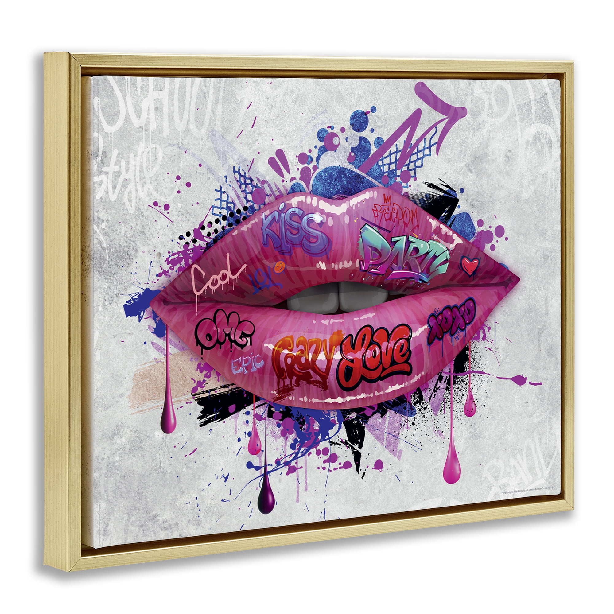 Stupell Industries Urban Graffiti Lips Abstract Painting Gold Floater Framed Canvas Art Print Wall Art, 21 x 17