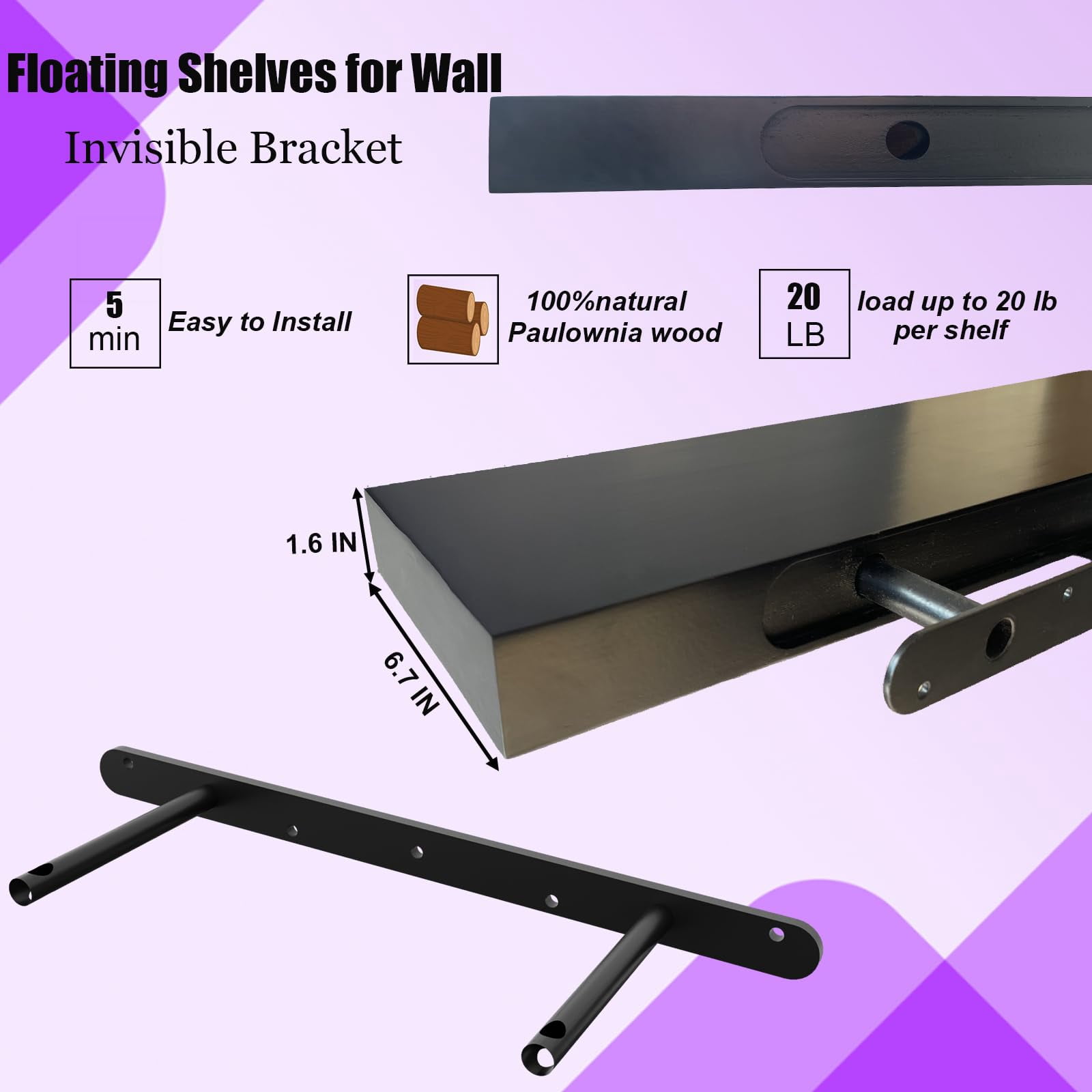 Floating Wall Shelves 16 Inch Bathroom Shelving Mounted Invisible Shelf Kitchen Wooden With Brackets For Living Room Easy Install Set Of 2 Black