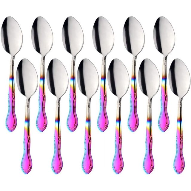 Serving Spoons, 12 Pieces 8 Inches Serving Tablespoons, Large Spoons for Serving, Stainless Steel Solid Buffet Banquet Flatware Kitchen Basics Serving Spoon Big Ladle Spoon, Gradient Rainbow