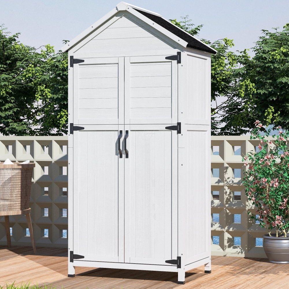 Spacious White Fir Wood Storage Shed, 67-Inch Tall with Dual Doors, Triangular Roof, and 4 Interior Compartments for Organized Garden Tool Storage
