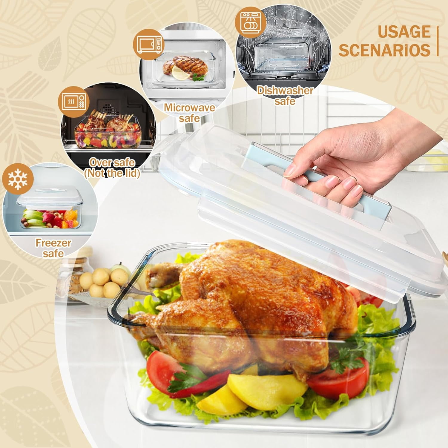 Large Glass Storage Containers with Lids, Watermelon Containers, Extra Large Glass Food Storage Airtight, Big Glass Containers Potluck, Glass Food Storage for Turkey Rotisserie Chicken, 220oz/28cup