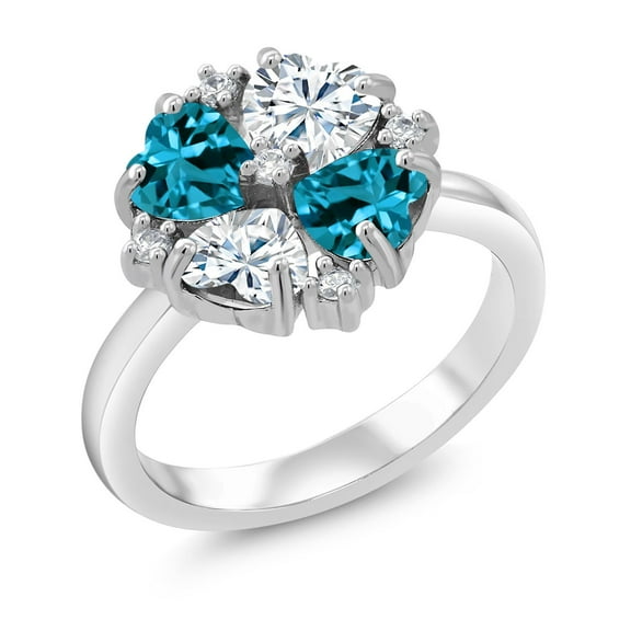 Gem Stone King 925 Sterling Silver London Blue Topaz and White Moissanite Ring for Women (2.02 Cttw, Heart Shape 5MM, Gemstone November Birthstone, Size 6)