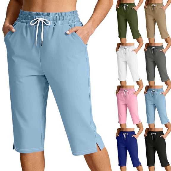 LIaqionyy Women's Shorts Drawstring Elastic Waisted Knee Length Workout Yoga Athletic Sweat Short with Pockets