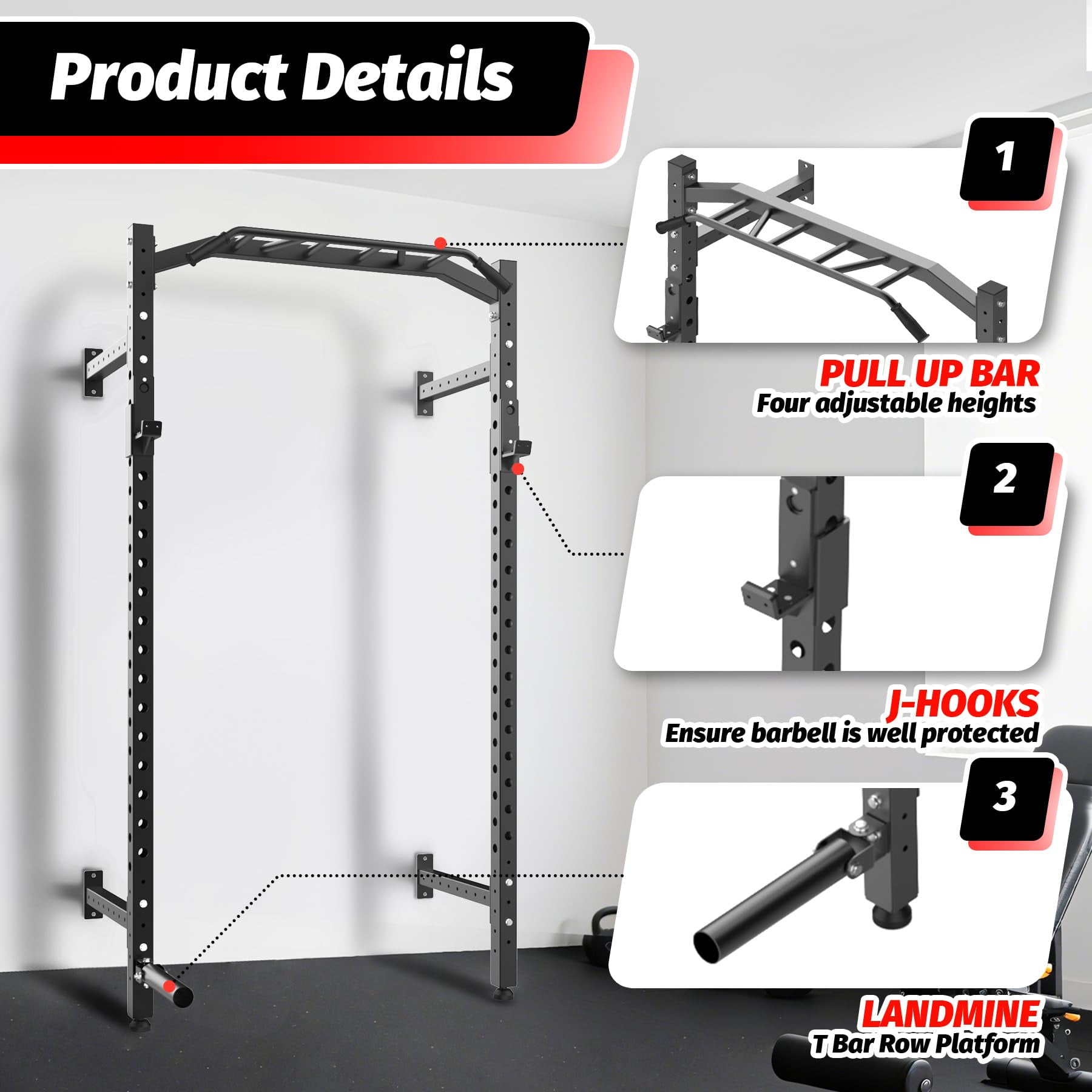 Ataucjin Wall Mounted Power Rack,Multi-Function Power Cage for Strength Training,1600LB Commercial Squat Rack for Home Gym with Multi-Grip Pull Up Bar,J-Cups & Landmine Attachment for Home and Garage