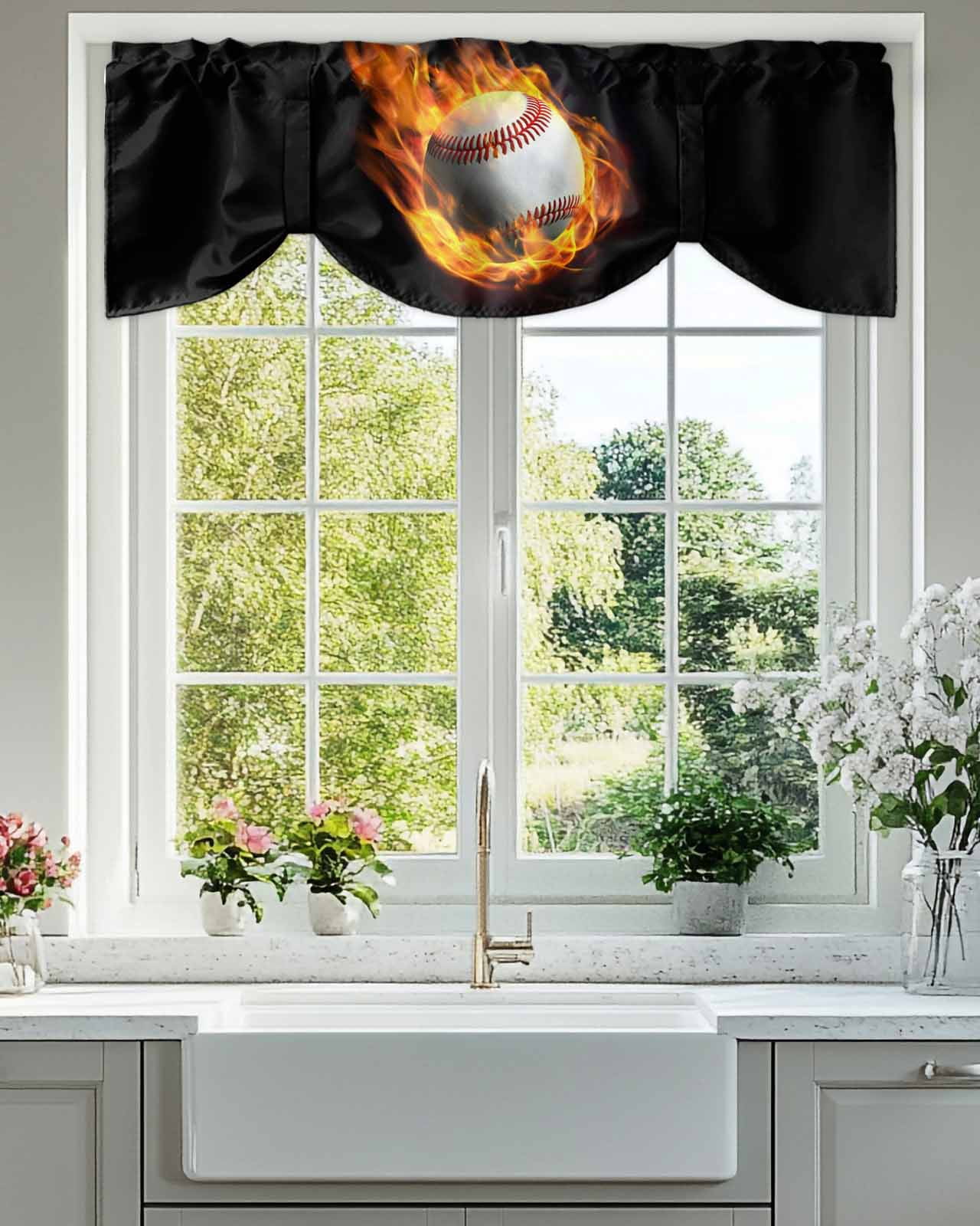 Flame Baseball Tie Up Valances Curtain, Adjustable Kitchen Sports Black Background Abstract Art Valances for Windows Decor, Rod Pocket Short Curtains Set for Bedroom/Bathroom, 54"x18"