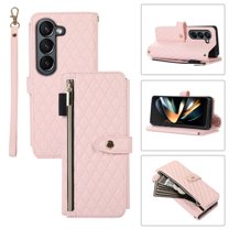 Dteck Samsung Galaxy Z Fold 4 5G Wallet Case, Shockproof 9 Card Slots Removable Adjustable Crossbody Necklace Lanyard Shoulder Strap Zipper PU Leather Case Cover, Pink