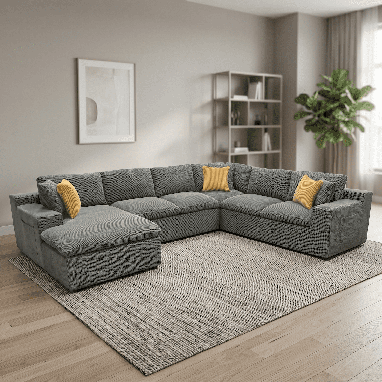 Howcool 135" Oversized Cloud Couch Modular Sectional Sofa, Deep Seat Sectional Couch with Side Pockets & Toss Pillows, 6 Seat Upholstered Sofa with Toss Pillows for Living Room,Grey