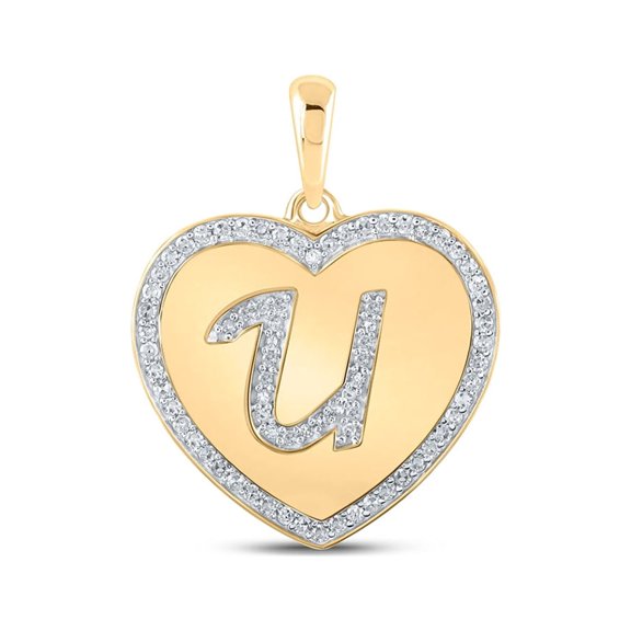 Macey Worldwide Jewelry 10k Yellow Gold Diamond Lovely Heart U Letter Pendant 1/4 Ctw