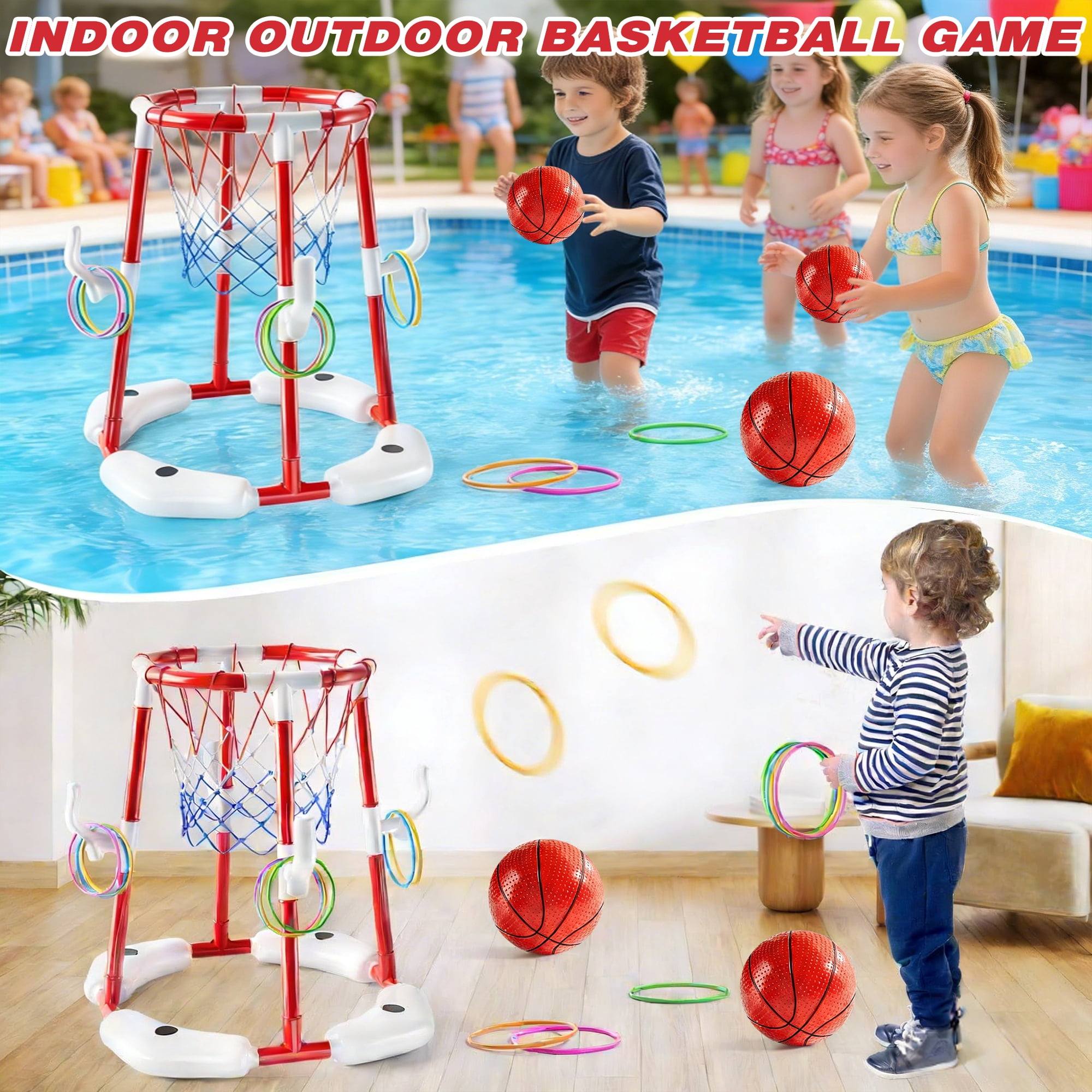 JBeeCtrl Pool Basketball Hoop Toys for Kids Ages 4-8 8-12 & Adult Floating Basketball Hoop Summer Outdoor Swimming Pool Games Water Play Toys Family Party for Kids（Red）