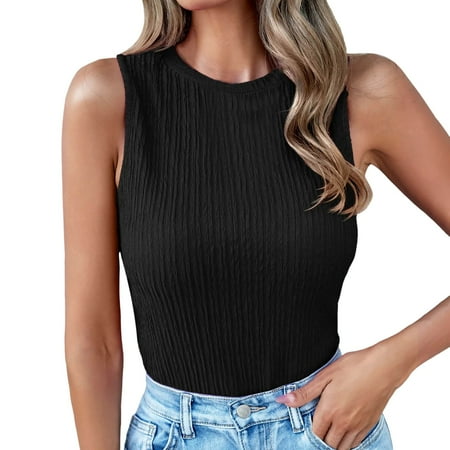 YUHAOTIN Bustier Tops for Women Satin High Neck Tank Top 2024 Summer Casual Ribbed Knit Slim Fitted Basic Textured Sleeveless Shirts Maternity Tank Tops with Built in Bra White Tank Top Women Cropped