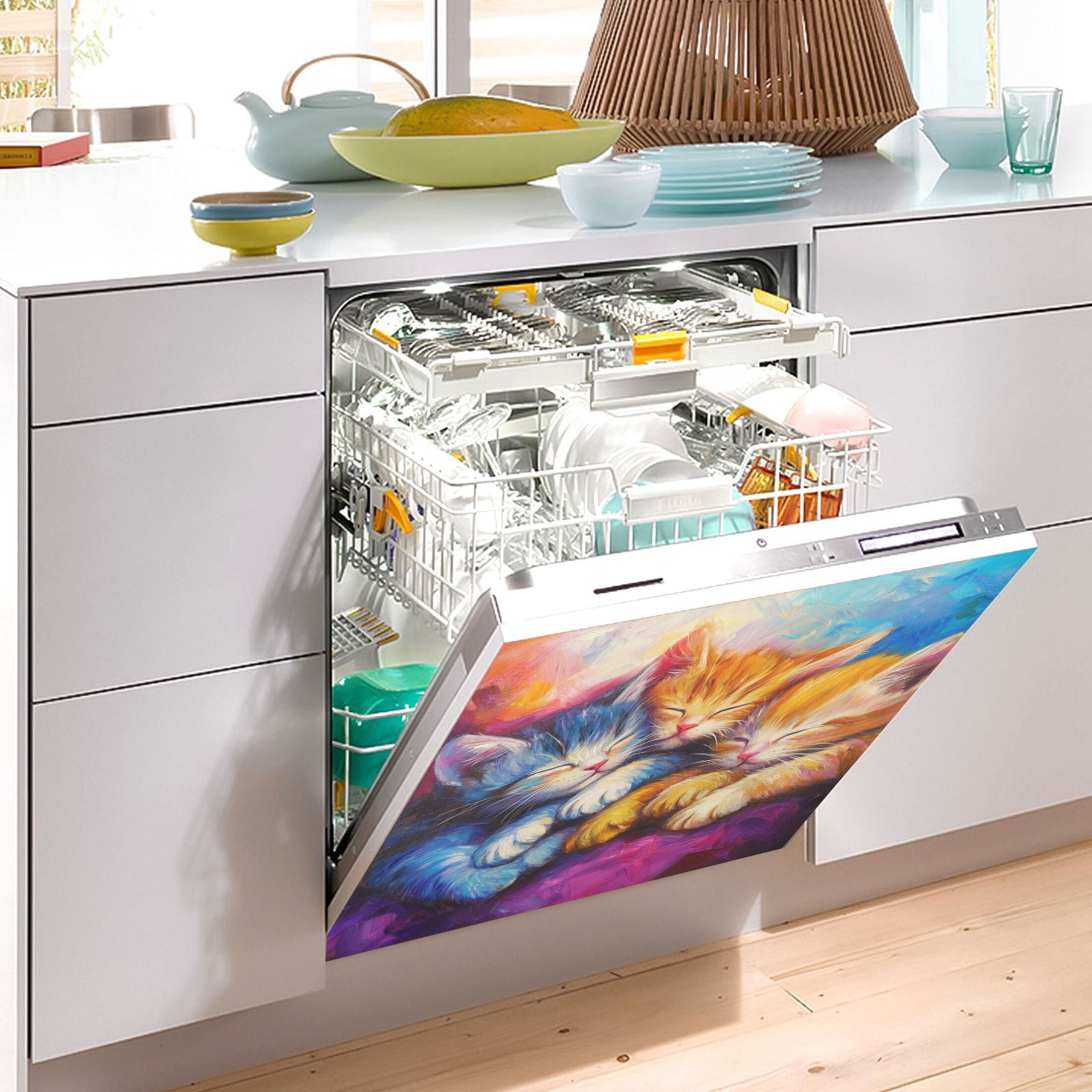 Dishwasher Magnetic Sticker 23x26 Inch Refrigerator Magnetic Sticker Washing Machine Magnetic Sticker Kitchen Panel Magnetic Sticker Home Decor Three Cute Colored Cats