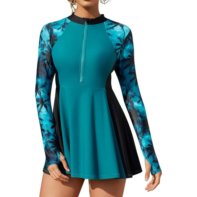 Beautyin Femmes Belle Modeste 2 Pièces Maillots de Bain Robe de Bain avec Slip et Fermeture Éclair UPF 50+ Robe de Garde-Robe avec Trous de Pouce