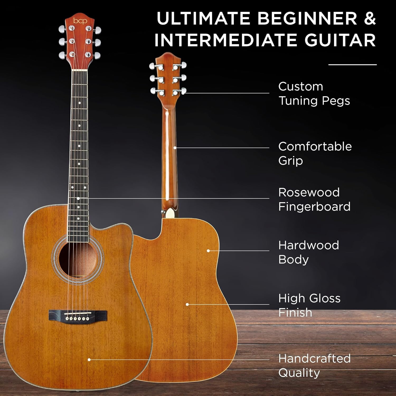 HarmonyStrings 41in Beginner Acoustic Guitar Full Size All Wood Cutaway Guitar Starter Set w/Case, Strap, Capo, Strings Natural Mahogany