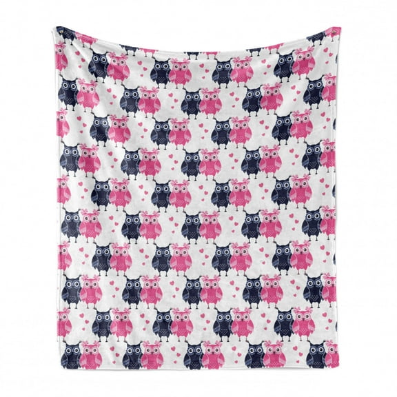 Owl Soft Flannel Fleece Blanket, Valentines Animals Lovebirds Boy and Girl Bird Motifs on Plain Backdrop, Cozy Plush for Indoor and Outdoor Use, 50" x 60", Navy Blue Pink and White, by Ambesonne
