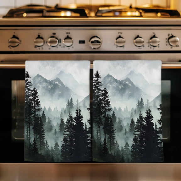 Black Forest Kitchen Towels Set of 2, Nature Foggy Mountain Pine Tree Absorbent Dish Towels for Kitchen, Microfiber Hand Towel, Quick Drying Tea Towel for Cleaning Decorative Dishcloths
