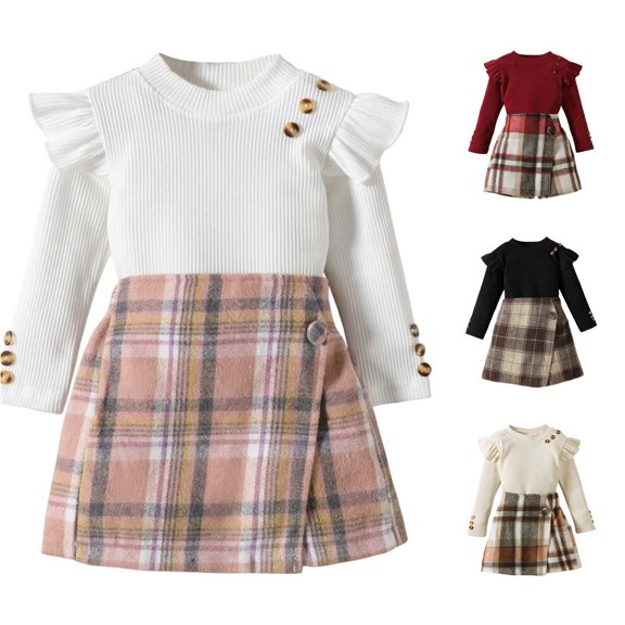 RUTAYY Girls 2 Piece Casual Set Crew Neck Button Ruffle Long Sleeve Knit Tops Plaid Wrap Skirt Kids Daily Outfit White