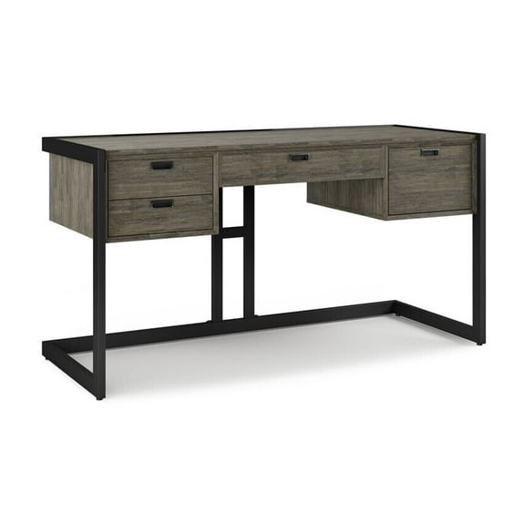 Solid Acacia Wood Desk - 60" Wide Home Office Desk with Drawers & Keyboard Tray - Weathered Grey Finish