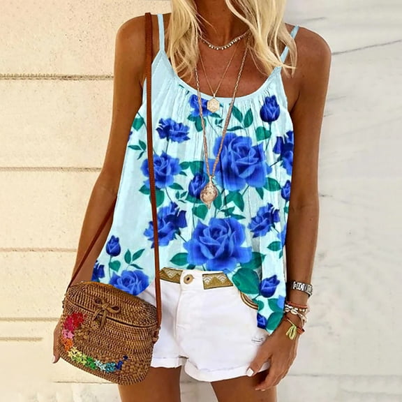 Spring Tops for Women Tank Tops for Women under $5 Womens Sleeveless Tops Fashion Women's Summer Round-Neck Sleeveless Print Casual CamisTop Blouse