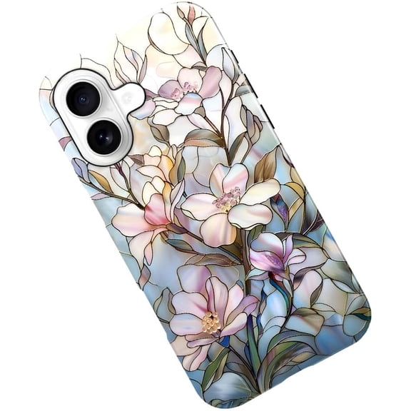 Case for iPhone 17, Stained Glass Floral Magnolia Pattern Phone Case Military-Grade Drop Protection Cover for Women Girl - Glossy