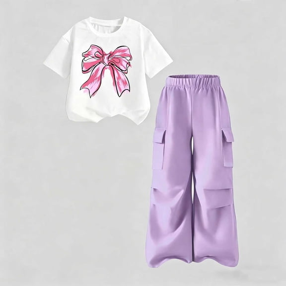ECHFIPROM Big Girls Summer Outfit Short Sleeve Crew Neck Bow Print Top and Cargo Pants 2 Piece Set Casual Sports Age 8-15 Years,Purple,12-13Years