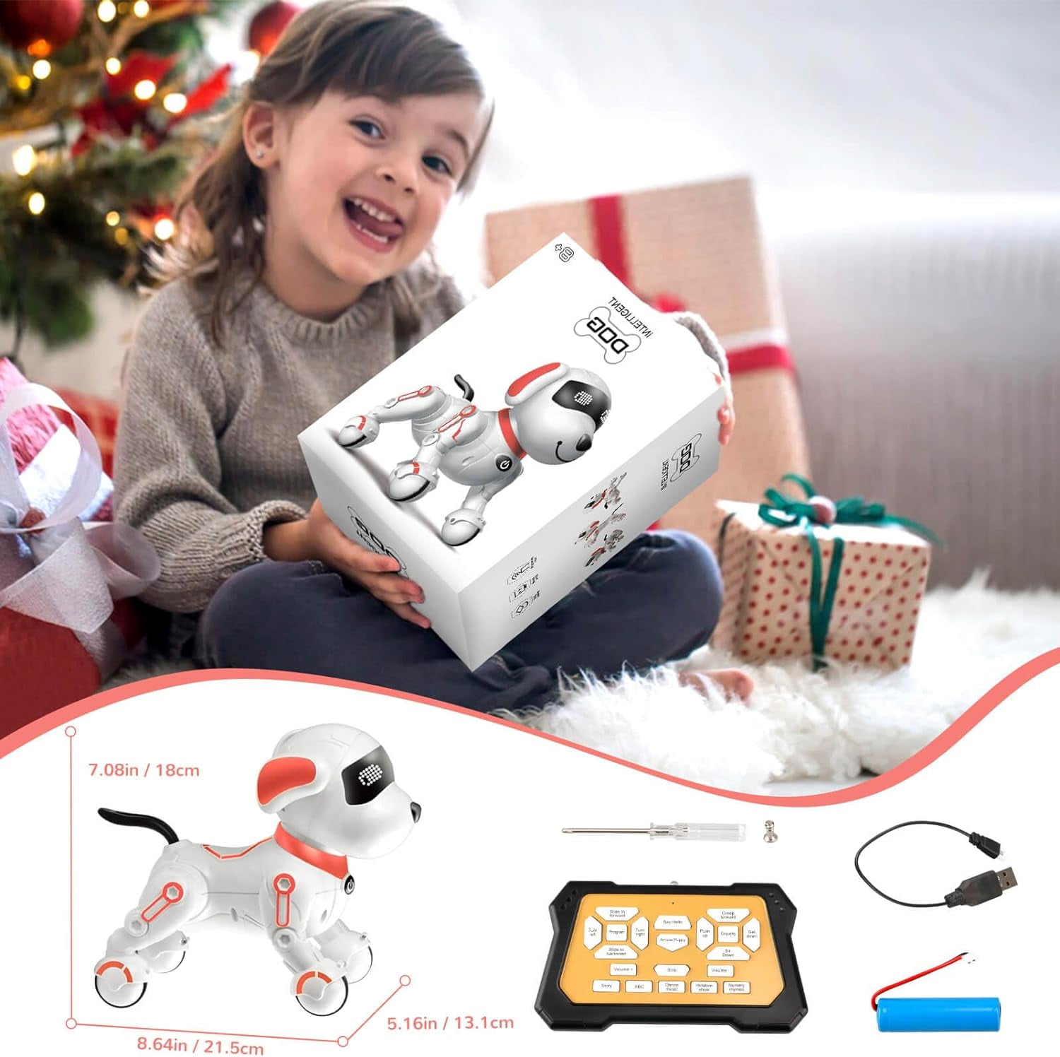 BEEPRINCESS Robot Dog, Smart Programmable RC Electronic Pet Puppy with Early Education Function, White/Pink
