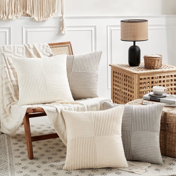 Fancy Homi 4 Pcs Neutral Decorative Throw Pillow Covers 18x18 inch for Living Room Couch Bed Sofa, Rustic Farmhouse Boho Home Decor, Soft Cross Striped Corduroy Patchwork Square Cushion Case 45x45cm