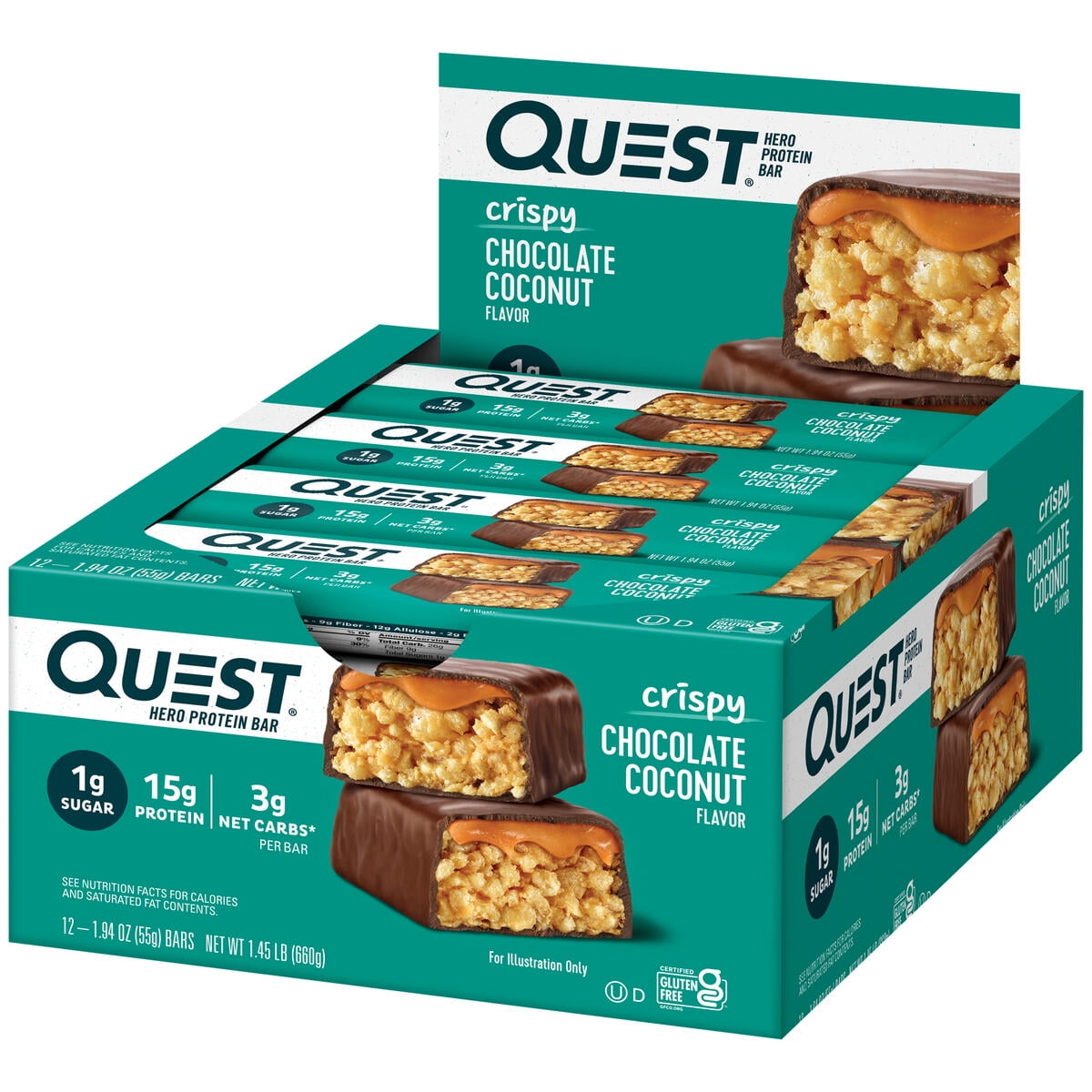 Quest Chocolate Coconut Crispy Hero Protein Bar, Gluten Free, 15g Protein, 1.94 oz, 12 Count