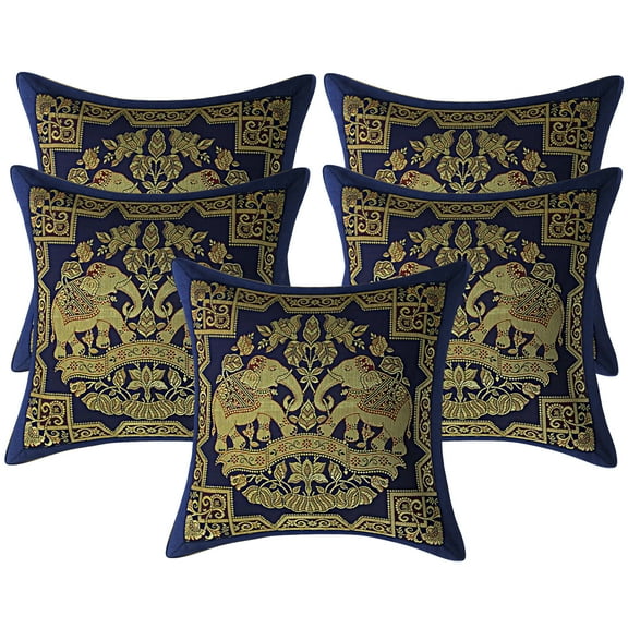 Stylo Culture Ethnic Bohemian Brocade Navy Blue And Gold Throw Pillow Covers 12x12 Jacquard Weave Banarsi Outdoor Pillow Covers Elephant Floral 30x30 cm Cushion Covers (Set Of 5)