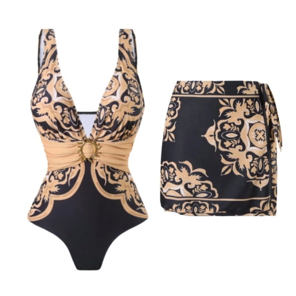 EchfiProm Womens Swimsuit Two Piece One Piece Swimwear with Skirt Beige Tummy Control Bathing Suits for Ladies Party