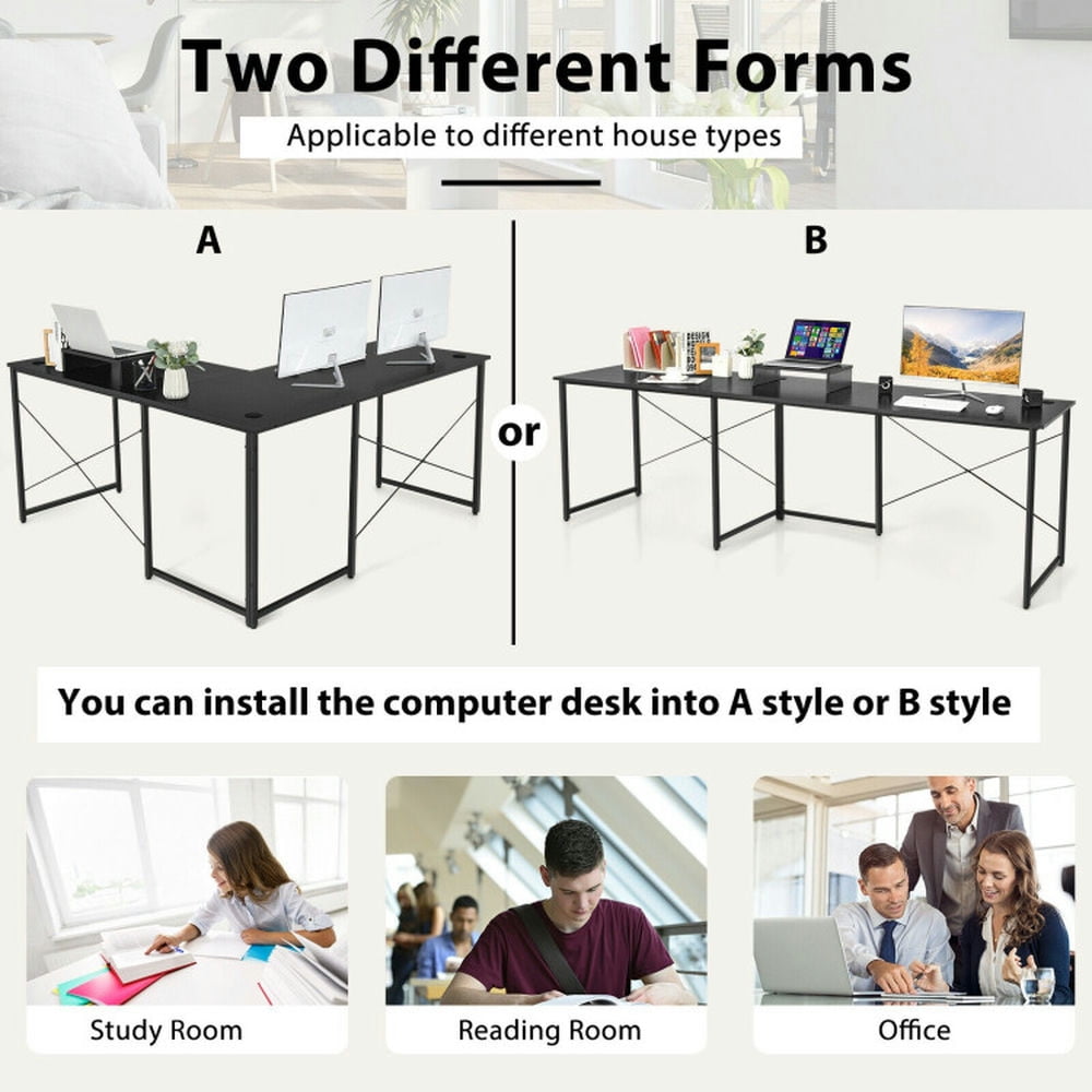 Demi Bonn 95" 2-Person L-Shaped Long Reversible Computer Desk with Monitor Stand, Small Home Office Desk Study Writing Table, Black