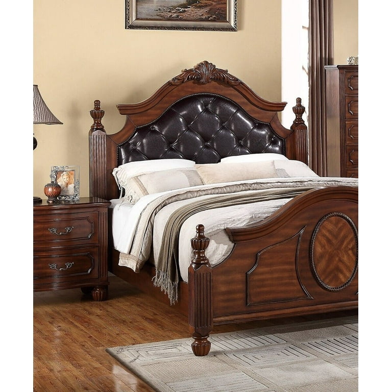 1pc California King Size Bed Four Posts Faux Leather Tufted