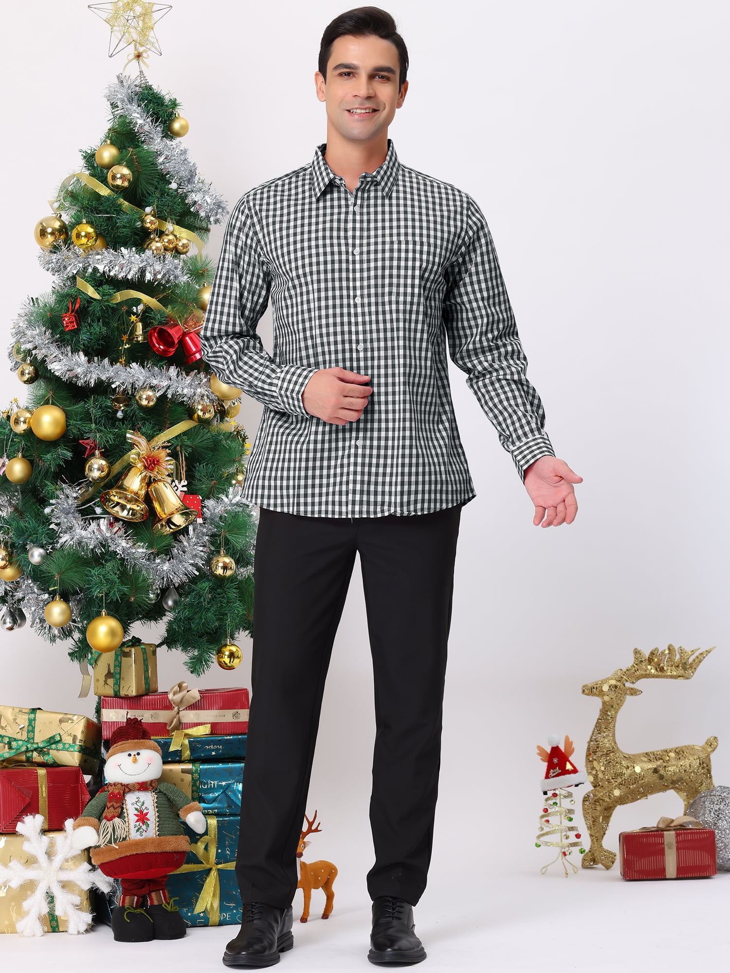 Unique Bargains Men's Plaid Button Down Long Sleeves Dress Checkered Shirts XL Black White