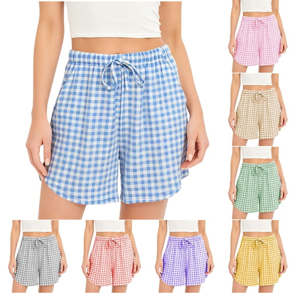 VBVC Women's Gingham Drawstring Shorts , Curved Hem Summer Shorts For Women , Ladies' Lightweight Plaid Shorts with Pockets,Green,S-3XL