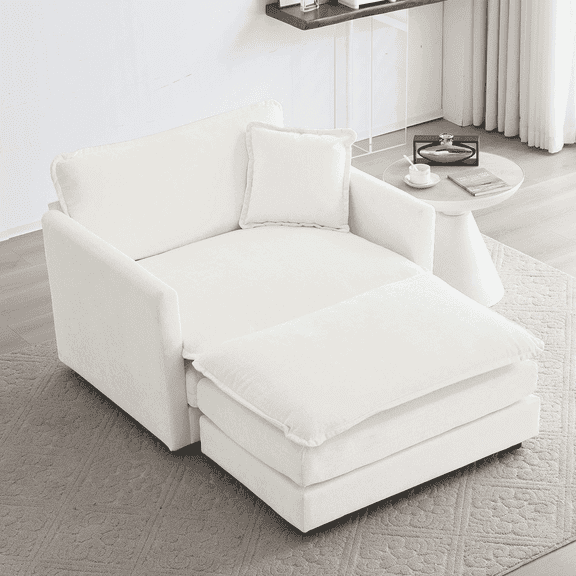 Domiluxe Chenille Accent Chair with Ottoman,Comfy Deep Single Seat Sofa with Pillow,Upholstered Armchair for Living Room Bedroom Office Apartment,White