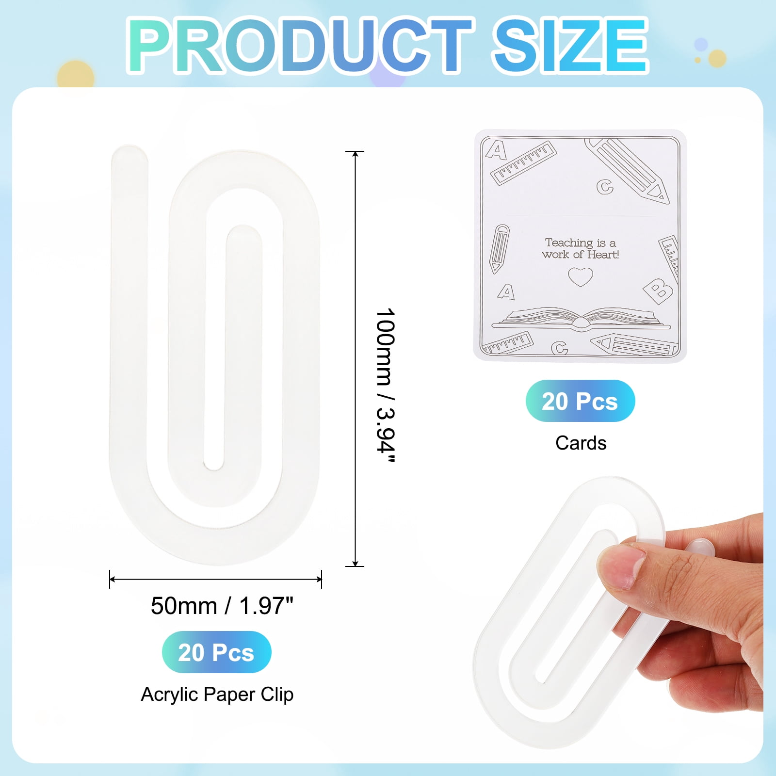 Uxcell 20Pack Acrylic Paper Clip, 1.97 x 3.94 inch Loop Shape Huge Blank Sublimation Paper Clip Bookmarks with Card for Office Holders Envelope DIY Crafts Gifts Home, Clear
