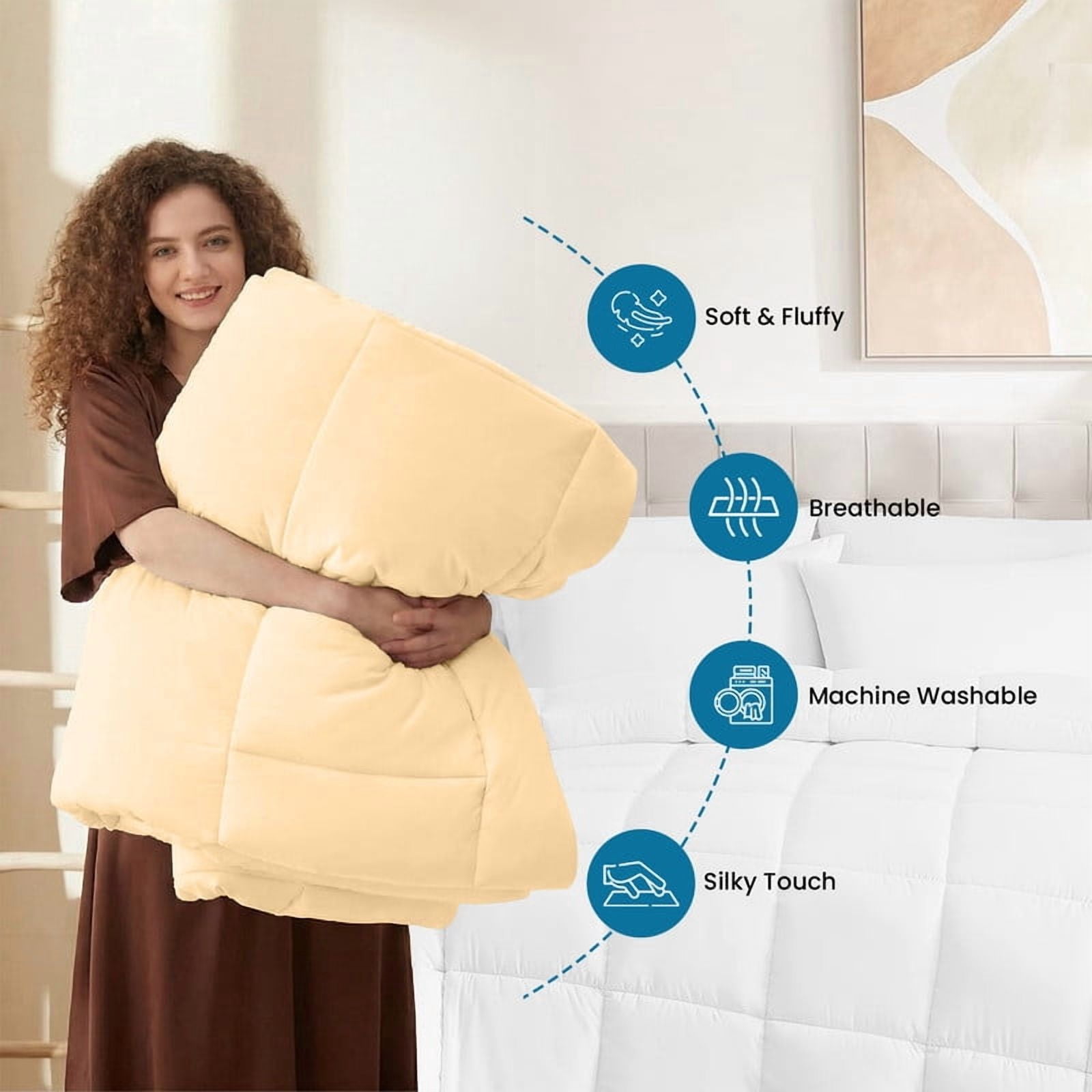 100% Cotton All-Season Comforter - Box Stitched Comforter - Bedding with Corner Tabs Machine Washable Lightweight Color Beige Solid Pattern Size Oversized Queen (98"x98")