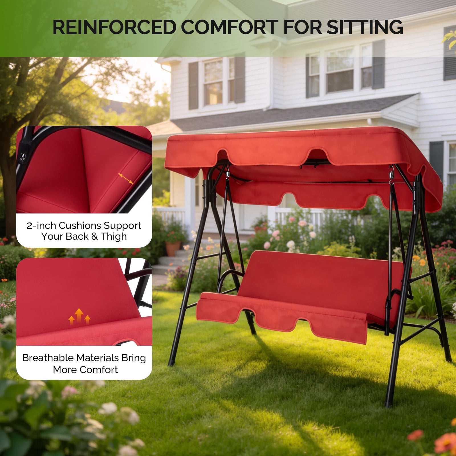Outdoor Swing Set with Cushion & Sunshade Canopy 250KG Weight Capacity Iron Frame Oxford Cloth Patio Swing for Garden Backyard Balcony