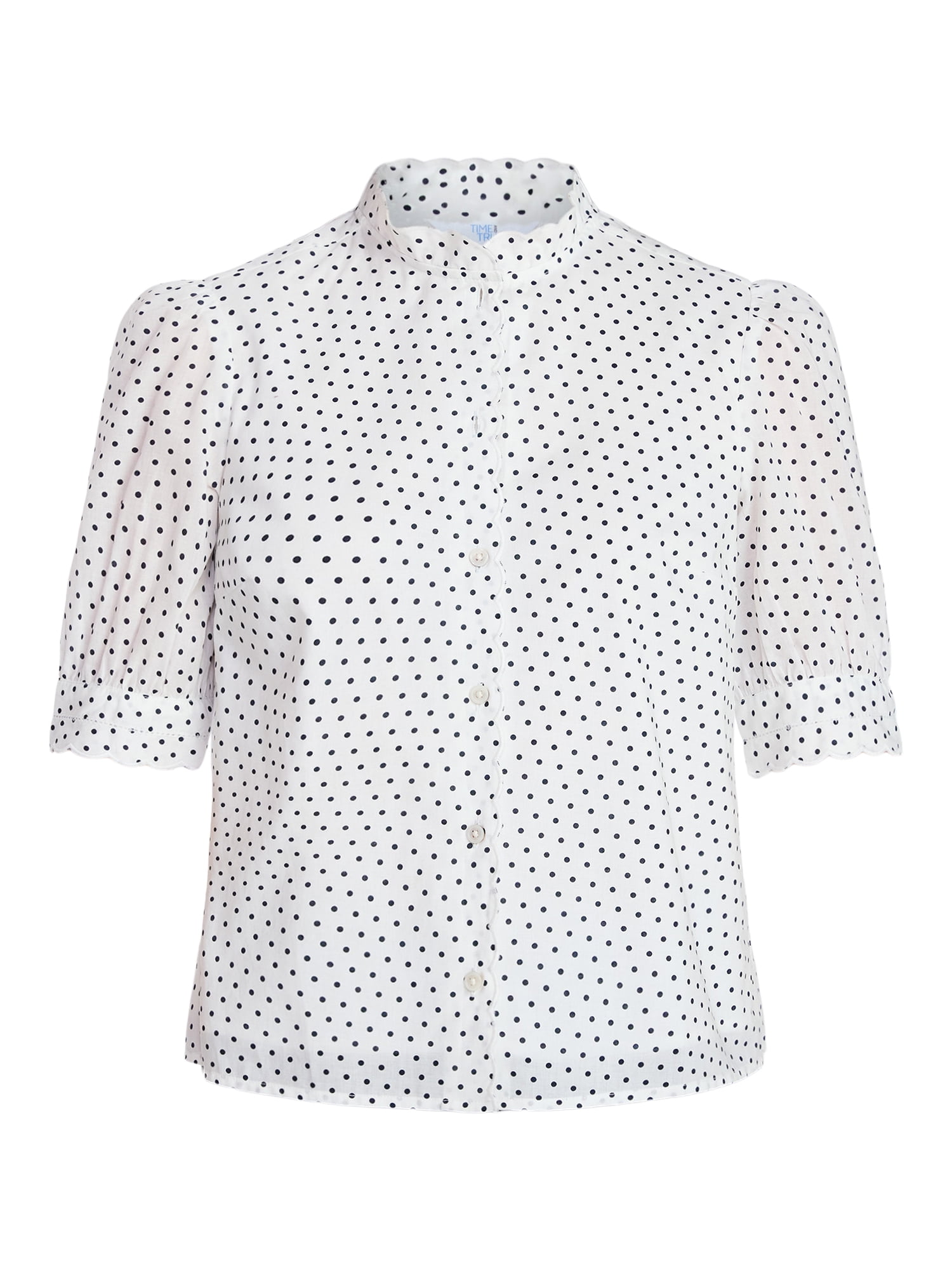 Time and Tru Women's Scallop Trim Cotton Button Down Shirt with Short Sleeves, Sizes XS – XXXL