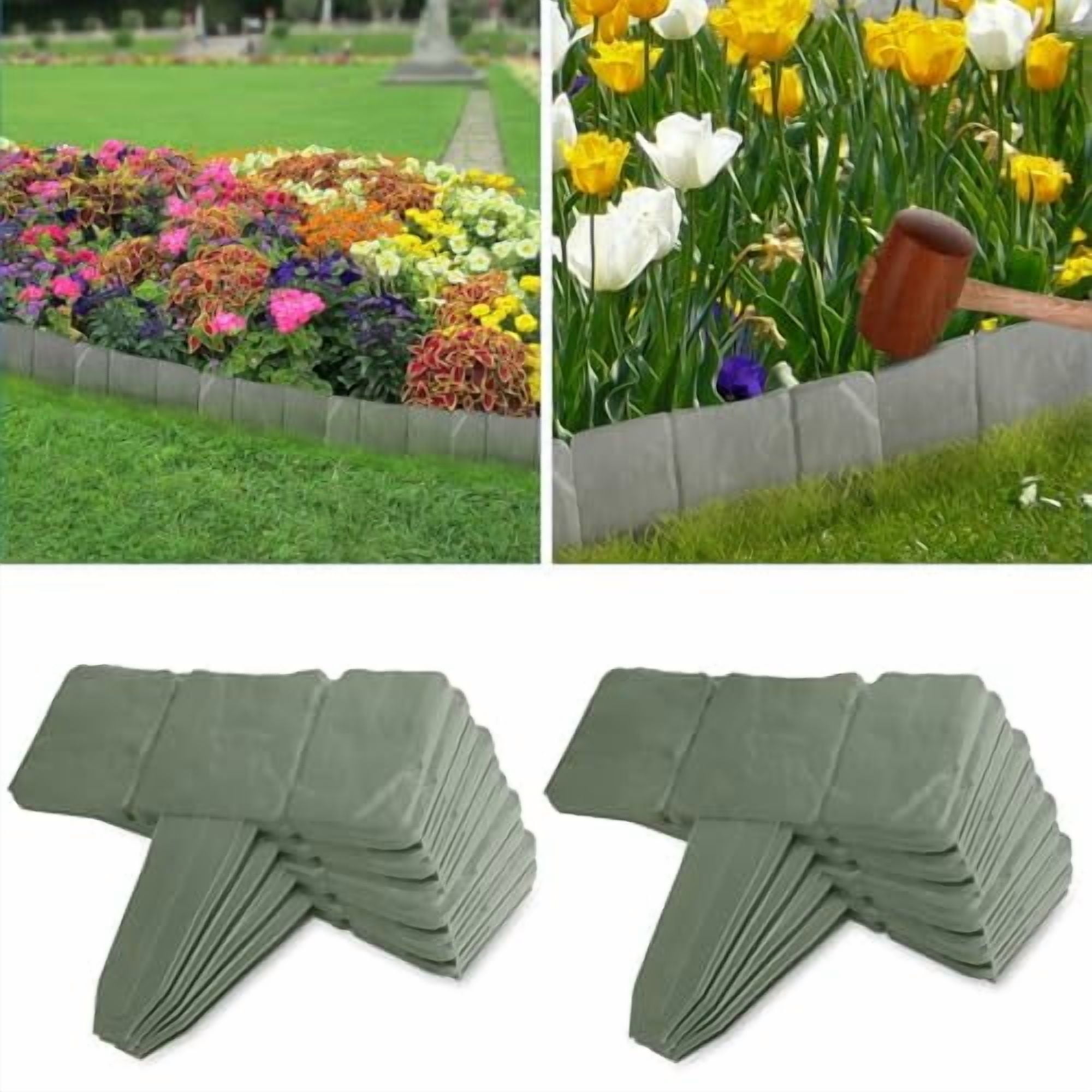 Garden Edging Border, 20 PCS Plastic Garden Landscape Cobbled Stone Effect, Plant Flower Bed Decorative, Plastic Lawn Edging, Garden Borders for Flower Bed, Garden Landscape Edging