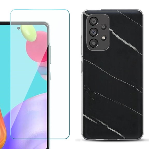 Slim-Fit Fashion Phone Case for Samsung Galaxy A53 5G, with Tempered Glass Screen Protector, by OneToughShield ® - Marble / Black