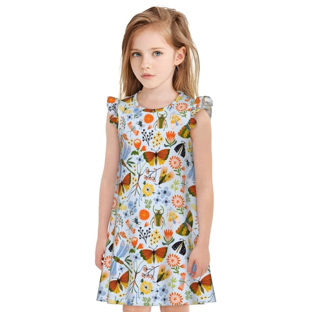 Fotbe Insects and Flowers Vestido de Dormir para Niñas de 3 a 10 Años, Mangas Cortas, Estilo Princesa, Pijama Camisón con Mangas Voladas-X-Large